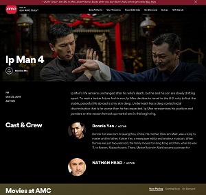 Ip Man 4 on the AMC Cinema website homepage - November December 2019