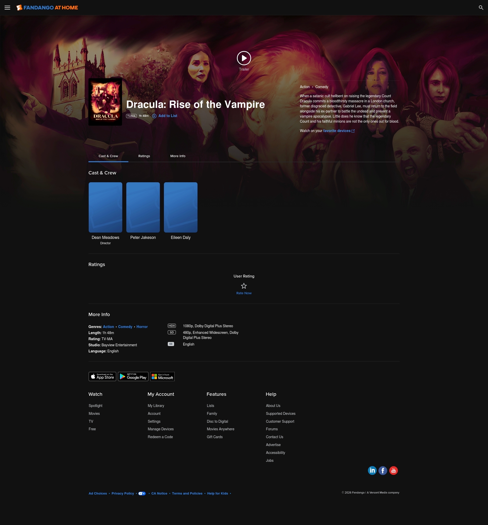 Dracula listed on the Fandango at Home platform